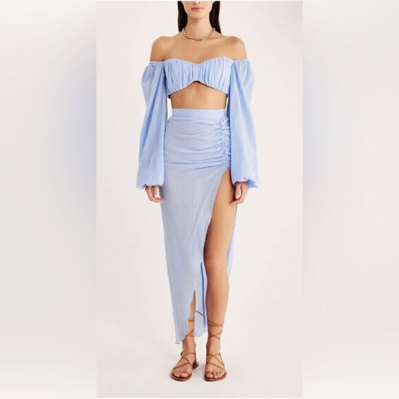 Rumer The Label x Revolve Blue Linen Resortwear Camille Top/Skirt Set Large - Picture 1 of 10